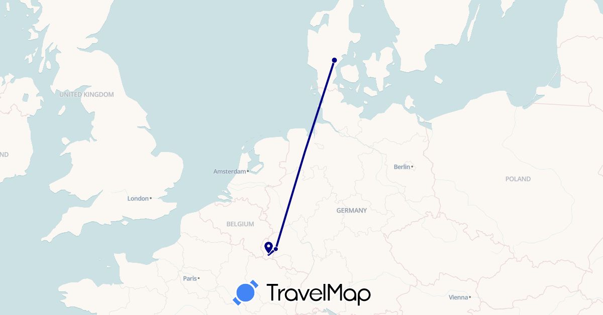 TravelMap itinerary: driving in Denmark, Luxembourg (Europe)
